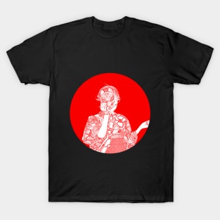 Woman in Japanese Kimono with a Cat Mask on T-Shirt